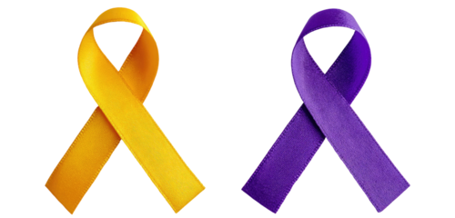 Two awareness ribbons, one gold/yellow and the other purple, representing support for various causes