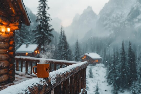 A cozy mountain cabin balcony with a steaming mug on the railing, snow-covered pines - Powered by Adobe