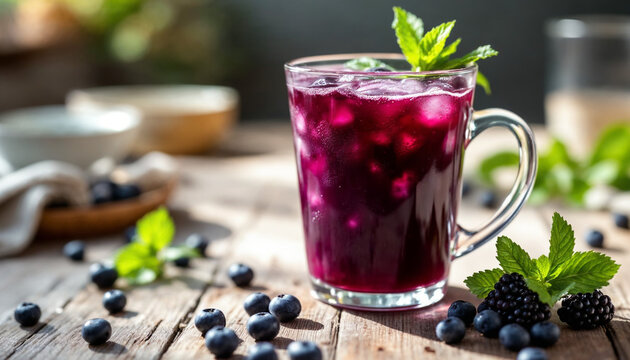Close-up of black mulberry drink in glass with fresh berries and mint on table.
