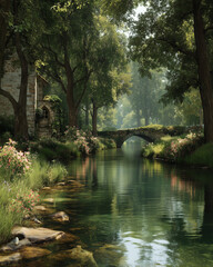 Obraz premium Scenic forest river with stone bridge and white flowers 