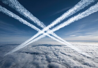Jet contrails crisscrossing a vast cloud layer