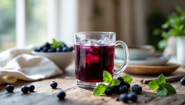 Close-up of black mulberry drink in glass with fresh berries and mint on table.
