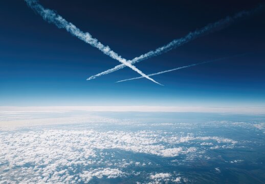 High-altitude view of crisscrossing jet contrails against a vast blue sky.  Clouds cover the Earth below