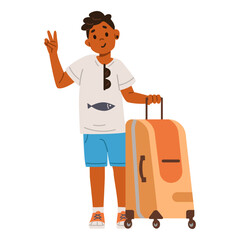 African American boy holding suitcase ready for travel showing peace gesture flat vector illustration isolated on white.