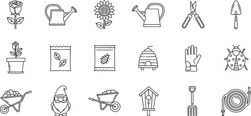 Collection of gardening tools and elements in line art style, showcasing various equipment and plants