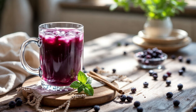 Close-up of black mulberry drink in glass with fresh berries and mint on table.
