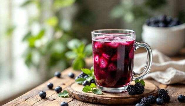 Close-up of black mulberry drink in glass with fresh berries and mint on table.
