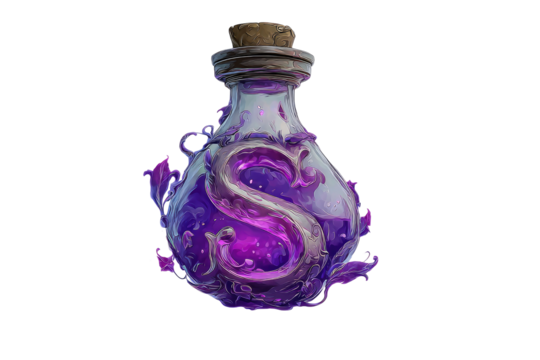 Mystical purple potion in a glass bottle.  Intricate design.  Dark background
