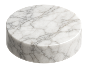 Circular white marble trophy base with distinct veining and luxurious texture.