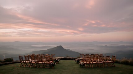 A beautiful view of mountains with a large open field and a long line of chairs set up for a wedding ceremony