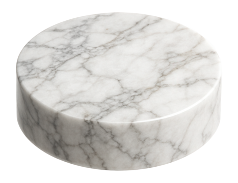 Circular white marble trophy base with distinct veining and luxurious texture.
