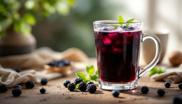 Close-up of black mulberry drink in glass with fresh berries and mint on table.
