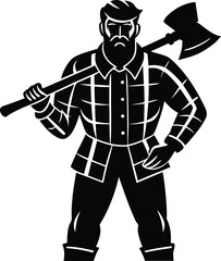 Strong Lumberjack with Axe Over Shoulder in Black and White Illustration on white background