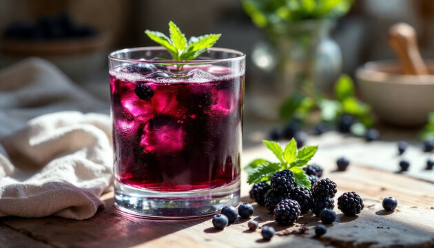 Close-up of black mulberry drink in glass with fresh berries and mint on table.
