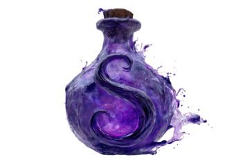 Dark purple potion bottle, swirling, flames, letter S