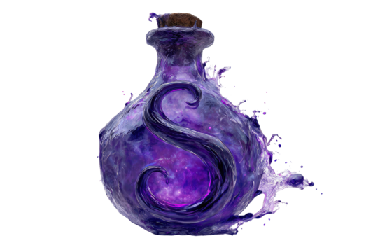 Dark purple potion bottle, swirling, flames, letter S