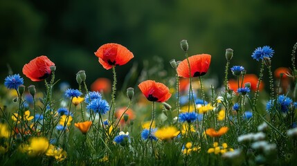 Fototapeta premium Vibrant wildflowers in a colorful meadow with red poppies, blue cornflowers, and yellow daisies