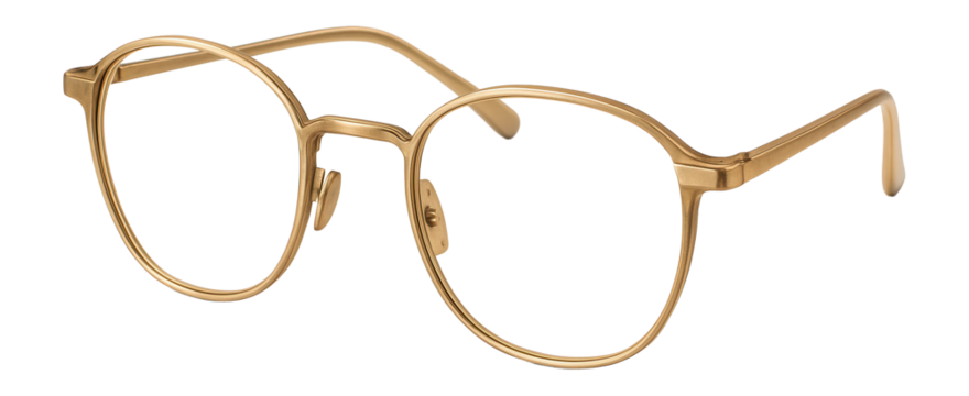 Lightweight titanium reading glasses with a brushed gold finish.