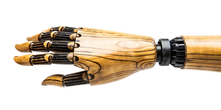 Steampunk mechanical wooden hand isolated on a transparent background artificial