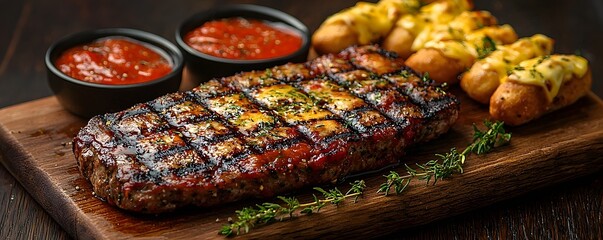 Grilled steak with melted mozzarella and marinara sauce served with cheesy garlic breadsticks