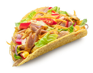 Mexican chicken meat taco, corn-based tortilla with chicken meat and diced fresh vegetables filling isolated. Top view.