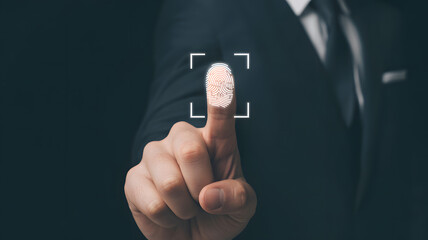 Secure access using fingerprint scan, businessman in suit identity check