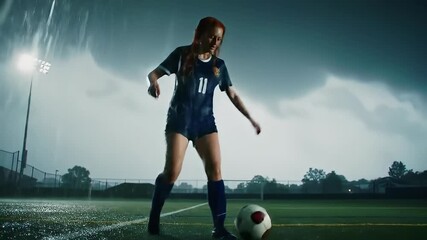 Woman soccer player practices in the rain, kicking a soccer ball on an outdoor field