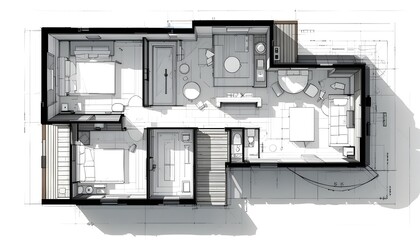 Modern house floor plan, minimalist design, top view blueprint, white background