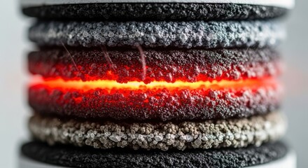 Hydrogen electrolyzer stack with visible layered coatings transitioning through sintering zone demonstrating thermal treatment effects on electrochemical materials.