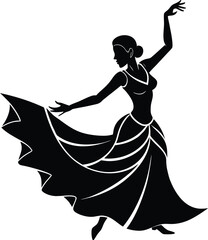 Elegant Silhouette of a Woman Dancing in a Flowing Dress with Grace on white background