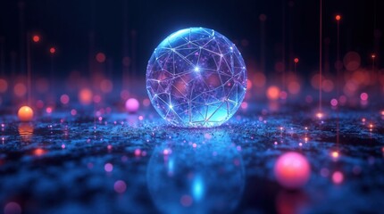 A glowing plexus sphere representing a global network on a futuristic data surface