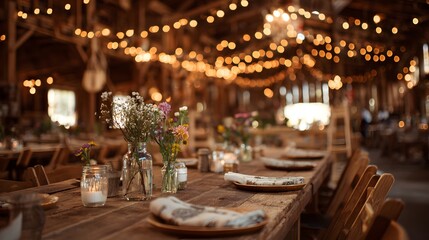 A long table with candles and flowers is lit up. Scene is warm and inviting