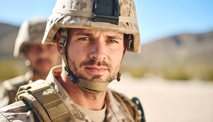 Portrait of a Soldier in Camouflage Uniform with Helmet in a Desert Landscape with Clear Sky