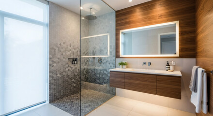Bathroom with walk-in rain shower, hexagonal tiles, and floating vanity in warm walnut wood