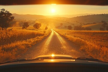 A backseat view through a windshield showing a winding road ahead, dashboard details in soft focus, golden fields on either side, sun haze.  