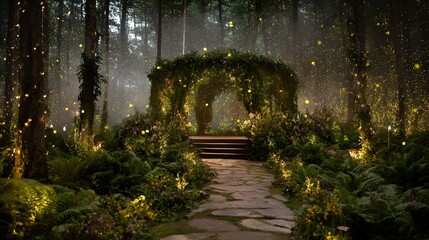 A forest with a stone archway and a path leading to it. The archway is lit up and surrounded by flowers