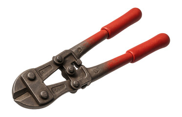 Close-up of weathered bolt cutters with red handles.
