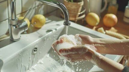 Hands are washed under running water with soap suds in the kitchen sink -- articles on hygiene, blogs about healthy lifestyles, cooking websites.