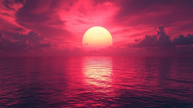 A breathtaking beach sunset with vibrant red and pink sky above a reflective ocean, creating symmetry in the water as the sun dips below the horizon.  