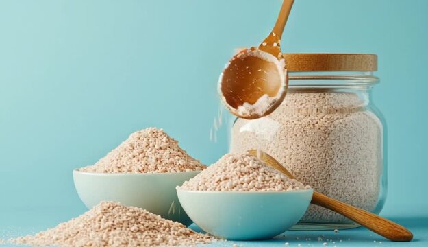 Jar and bowls with psyllium husk powder on blue background