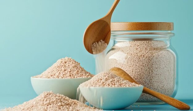 Jar and bowls with psyllium husk powder on blue background