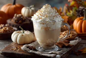 Pumpkin spice latte with whipped cream and pie spices