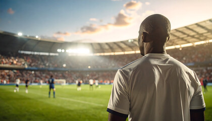 Rear View Of Soccer Player In White Jersey On Field Looking At The Game During Daytime With Sunlight