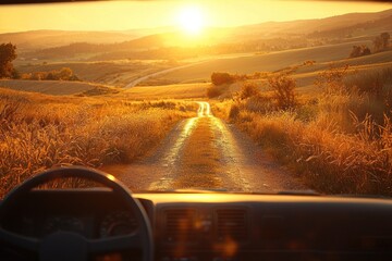 A backseat view through a windshield showing a winding road ahead,  