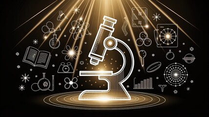 Fototapeta premium Microscope and Scientific Symbols: An artistic, elegant illustration of a microscope is centrally positioned, surrounded by other scientific symbols.