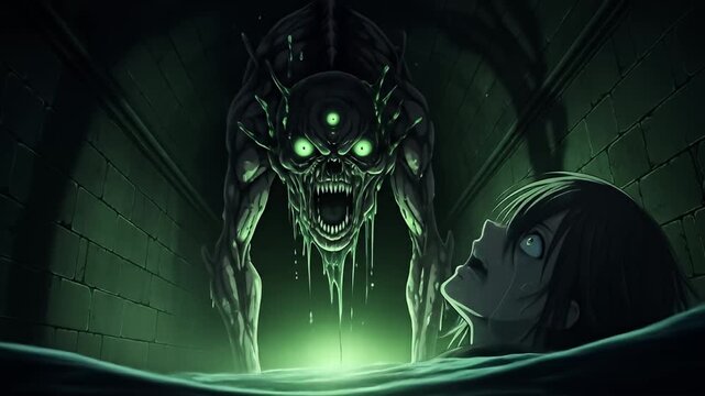 Terrified woman encounters a green-eyed monster in a tiled, dimly lit, claustrophobic space