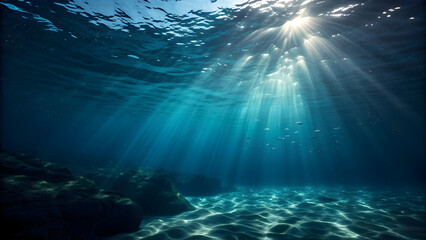 Fototapeta premium Underwater Scene Sunlight Rays Piercing Deep Blue Ocean Water Illuminating Sandy Seabed Dark Rocks Small Fish School