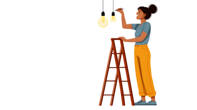 Person with a bright smile, adjusting a light fixture with the help of a ladder - Powered by Adobe