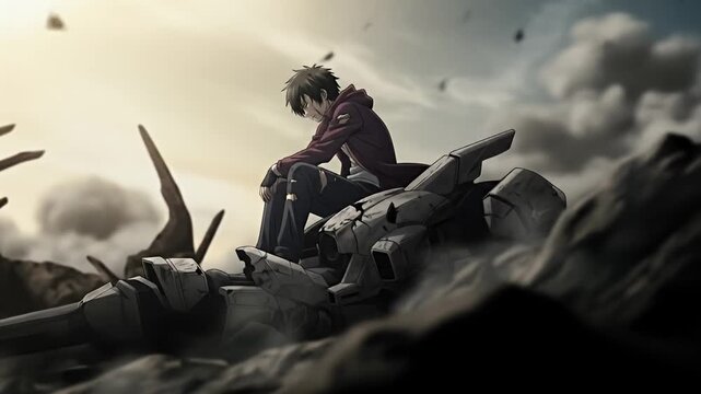 Solitary anime man sits dejectedly on wreckage, gazing at the ground in a post-apocalyptic scene