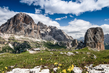 Panoramic Summer View of Cinque Torri Rock Formations in the Italian Dolomites